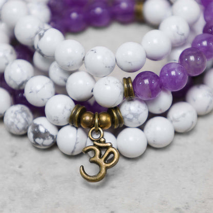 Mythstone 108 Mala Beads Amethyst White Turquoise OM Healing Meditation Energy Bracelet