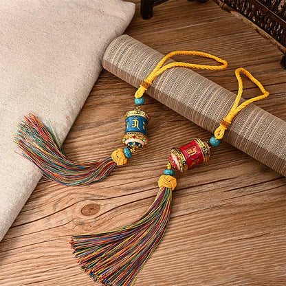 Mythstone Tibet Om Mani Padme Hum Prayer Wheel Colorful Tassels Bag Car Hanging Decoration