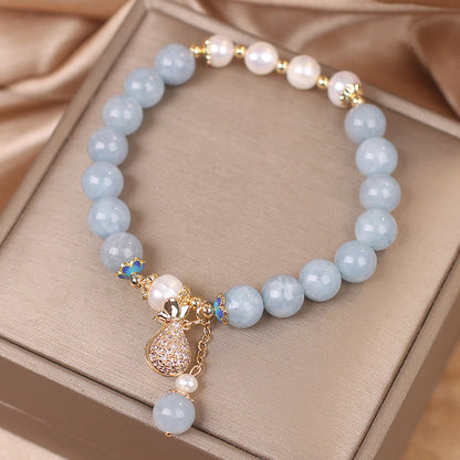 MythStone Aquamarine Pearl Fortune Money Bag Charm Bracelet