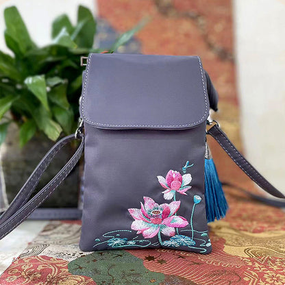 Mythstone Waterproof Handmade Embroidered Lotus Flowers Crossbody Bag Shoulder Bag Cellphone Bag