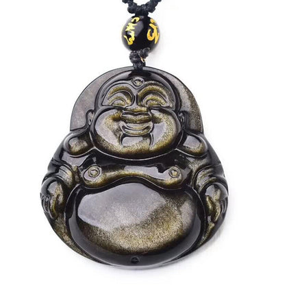 Mythstone Laughing Buddha Gold Sheen Obsidian Wealth Necklace Pendant