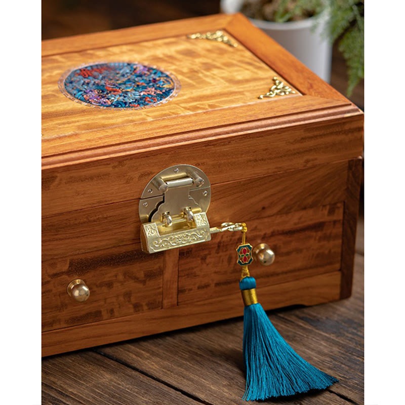 Mythstone Antique Handmade Rosewood Jewelry Storage Box Lockable Large Double Layer Flower Wooden Gift Organizer Box