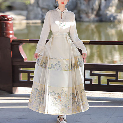 Mythstone Beige A Panorama of Rivers and Mountains Printed Chinese Hanfu Horse Face Skirt Mamianqun