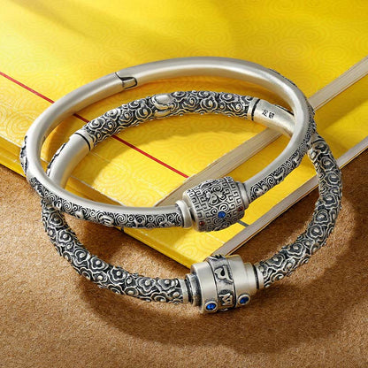 Mythstone 990 Sterling Silver Tibetan Auspicious Clouds Om Mani Padme Hum Engraved Creativity Bracelet Bangle