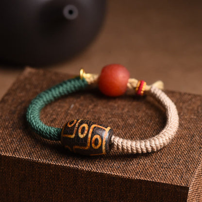 Mythstone Handmade Tibetan Nine-Eye Dzi Bead Wealth Rope Bracelet