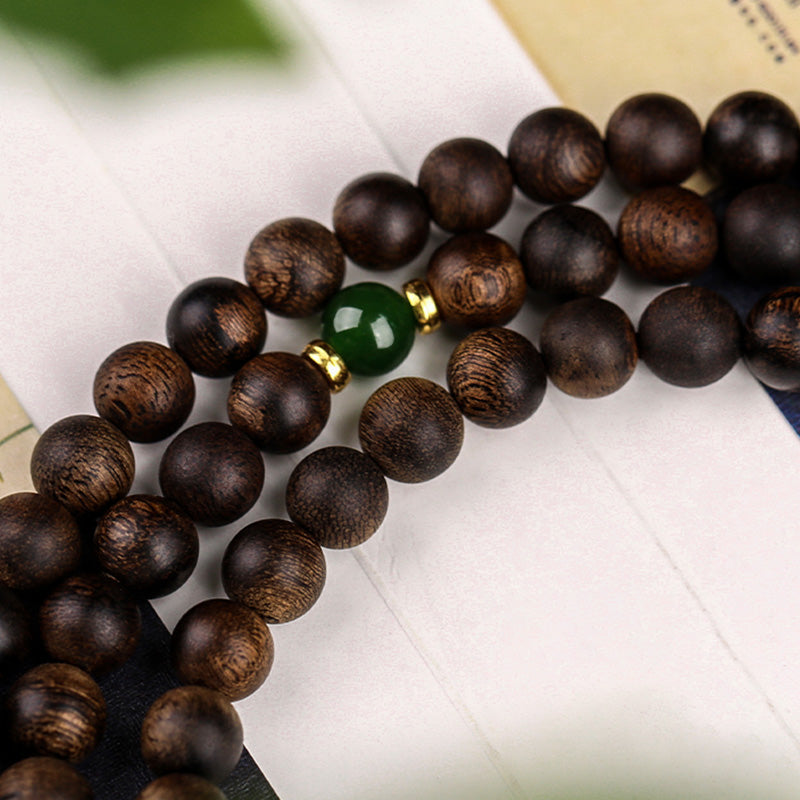 MythStone 108 Mala Beads Indonesia Tarakan Rare Agarwood Cyan Jade Ward Off Evil Spirits Bracelet