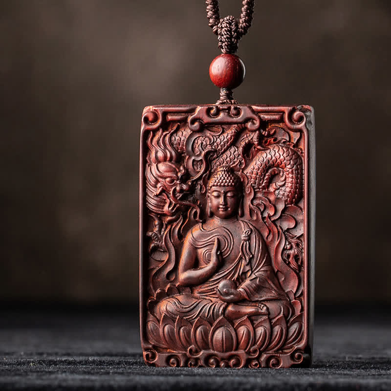 Mythstone Chinese Zodiac Natal Buddha Small Leaf Red Sandalwood Protection Necklace Pendant