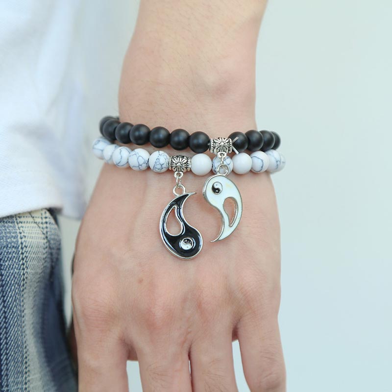 MythStone 2pcs Natural Black Onyx White Turquoise Bead Yin Yang Couple Bracelet