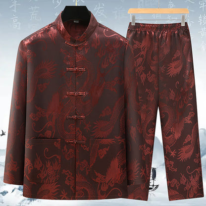 Mythstone Tang Suit Men Hanfu Chinese Dragon Traditional Clothes Kung Fu Shirt Uniform Long Sleeved Coat Tops and Pants Clothing Men's Set