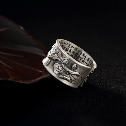 Mythstone 999 Sterling Silver Luck Koi Fish Lotus Heart Sutra Wealth Ring