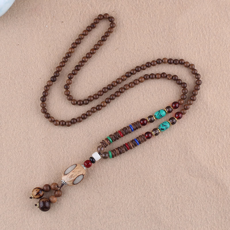 Mythstone Tibetan Wenge Wood Bodhi Seed Agate Elephant Protection Necklace Pendant