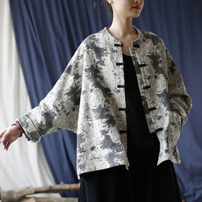 Mythstone Black Gray Print Frog-button Design Long Sleeve Cotton Linen Jacket Shirt With Pockets