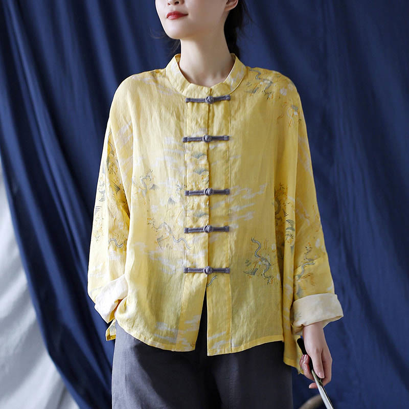 Mythstone Yellow Phoenix Print Frog-button Design Long Sleeve Ramie Linen Jacket Shirt