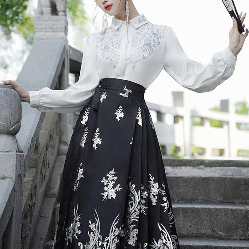 Mythstone Flowers Leaves Feathers Long Sleeve Shirt Top Chinese Hanfu Ming Dynasty Horse Face Skirt Mamianqun Skirt