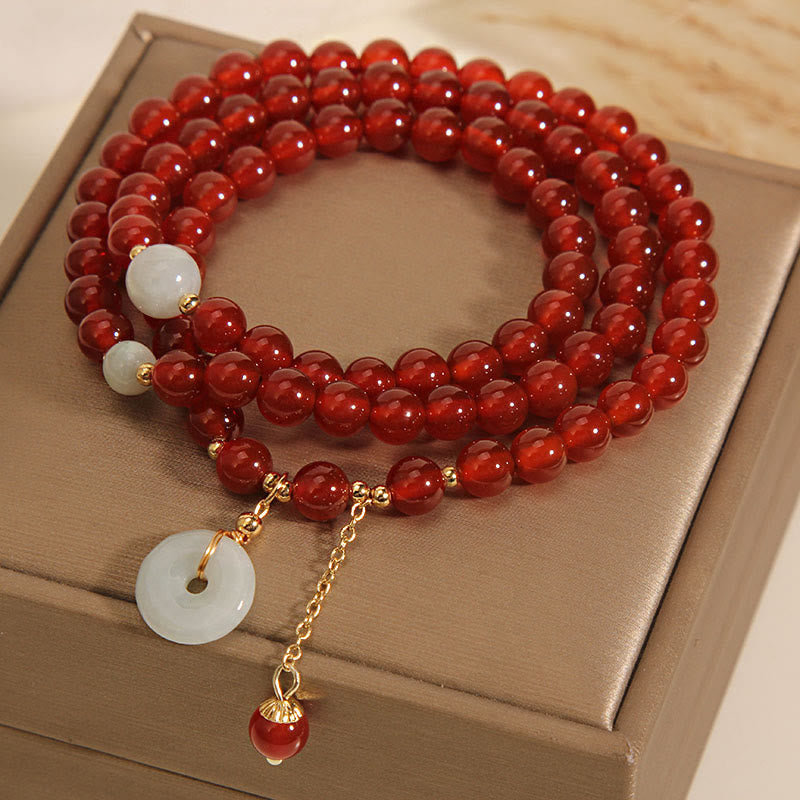 MythStone Natural Red Agate Jade Peace Buckle Calm Triple Wrap Bracelet