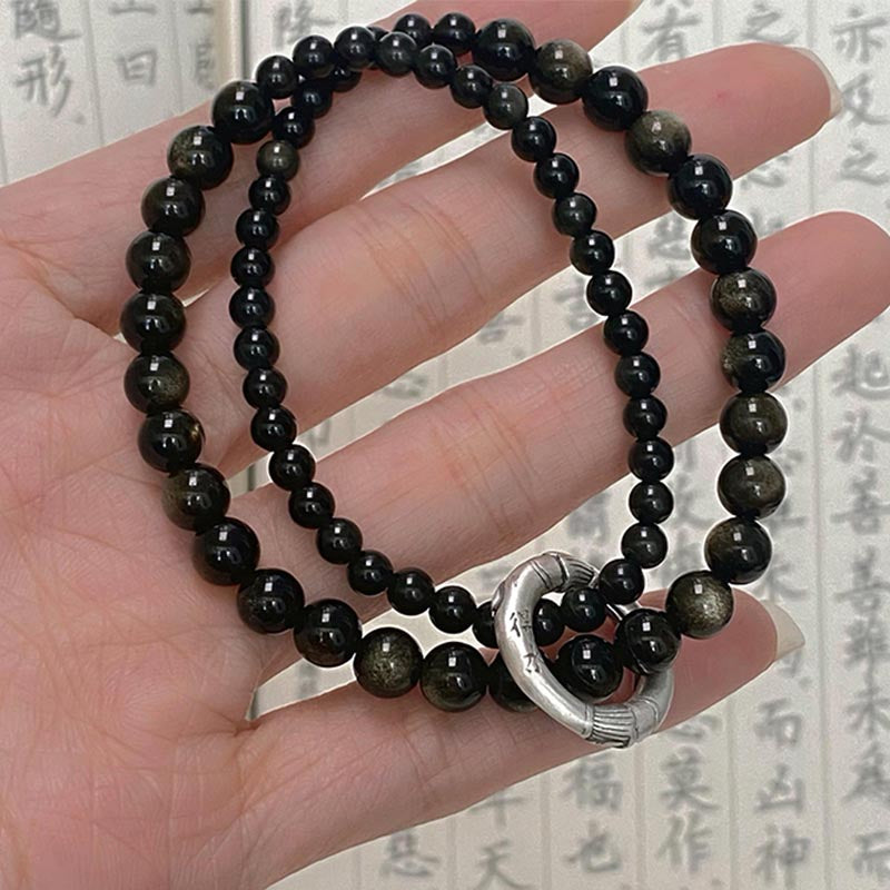 Mythstone 999 Sterling Silver Black Obsidian Fulfillment Strength Double Layer Bracelet