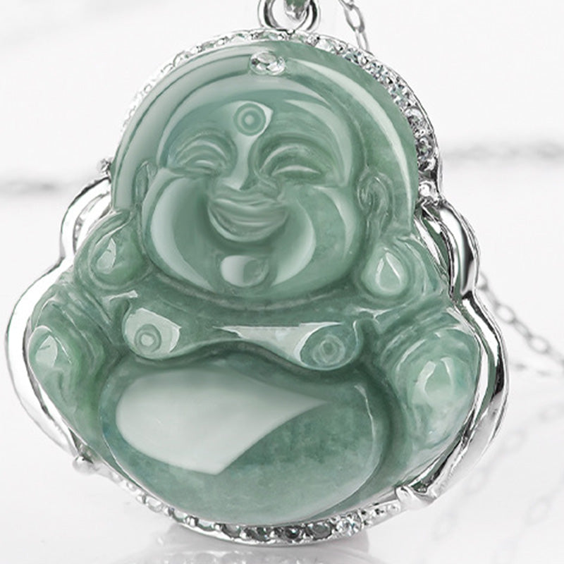 Mythstone 925 Sterling Silver Laughing Buddha Jade Abundance Necklace Chain Pendant