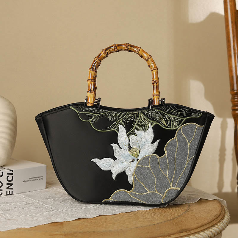 Mythstone Lotus Embroidery Bamboo Handle Handbag