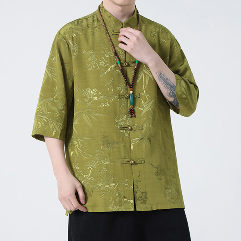 Mythstone Peach Blossom Bamboo Leaves Frog-button Chinese Half Sleeve Shirt Men T-shirt