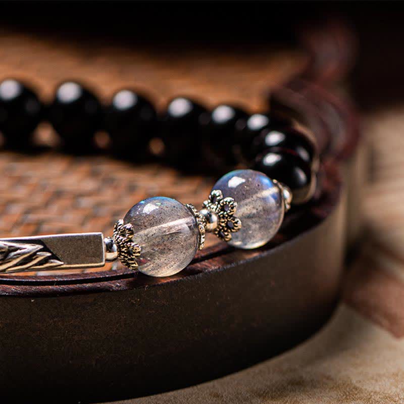 Mythstone 925 Sterling Silver Obsidian Moonstone Strength Couple Bracelet