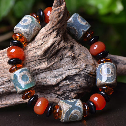 Mythstone Tibetan Three-eyed Dzi Bead Agate Protection Happiness Bracelet