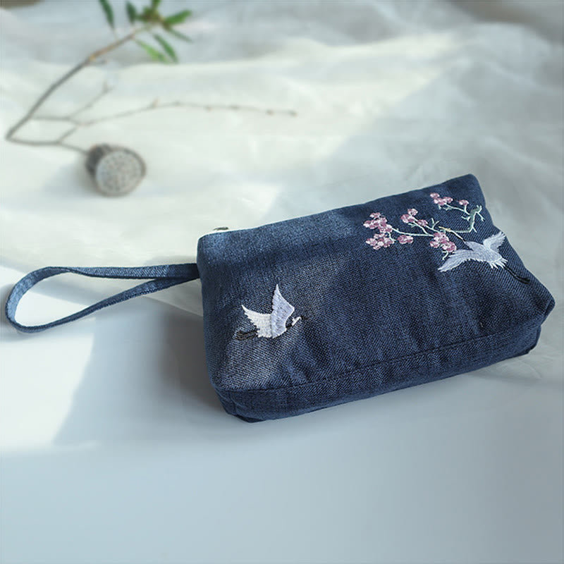 Mythstone Small Flower Plum Cherry Crane Peach Blossom Embroidery Canvas Wallet Shopping Purse