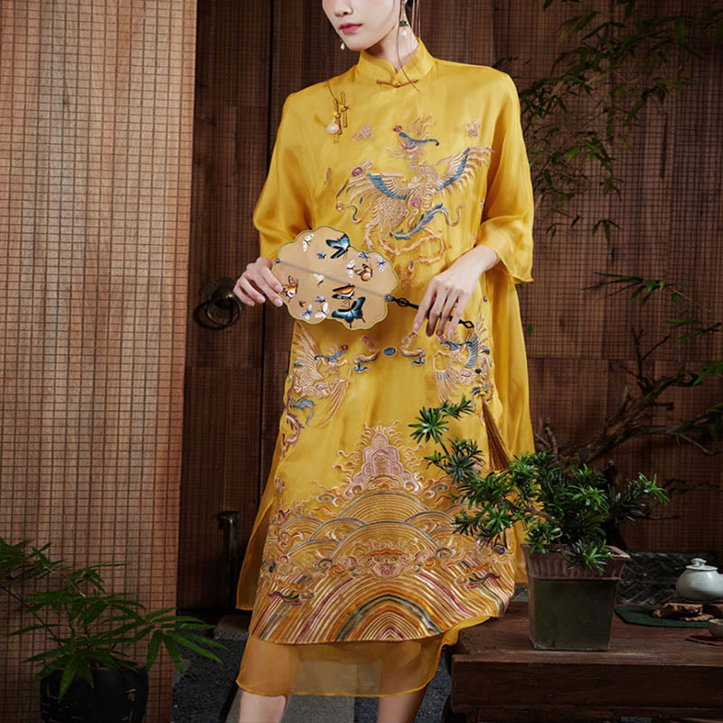 Mythstones 100% Mulberry Silk Organza Dress Embroidered Yellow Phoenix Qipao Cheongsam Dress