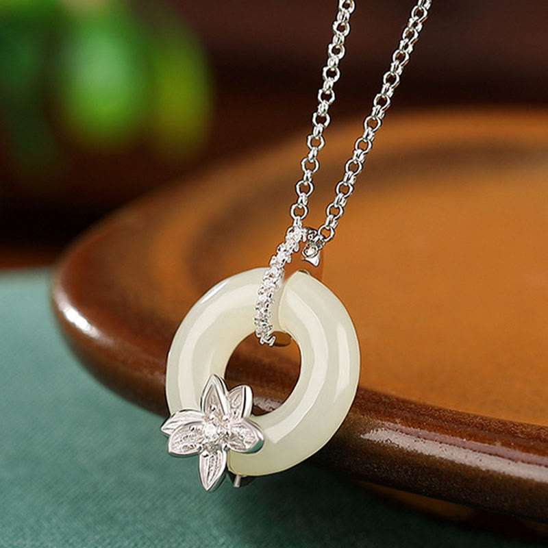 Mythstone 925 Sterling Silver Hetian Jade Peace Buckle Flower Luck Necklace Pendant