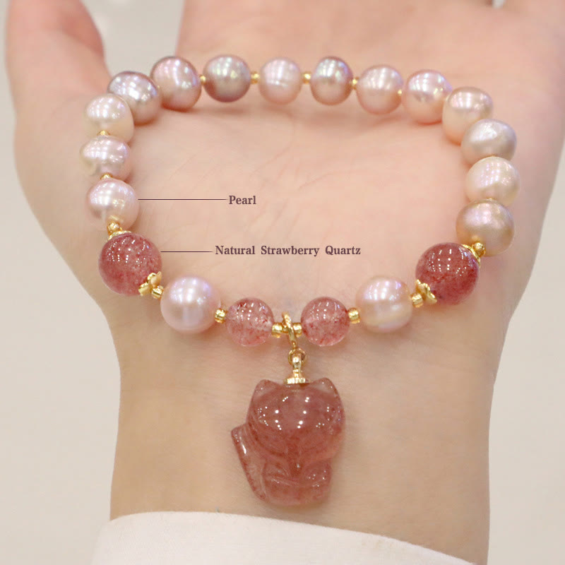 Mythstone Natural Pearl Strawberry Quartz Cute Fox Love Healing Charm Bracelet