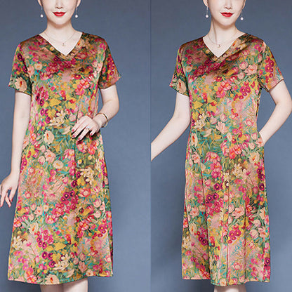 Mythstone V-Neck Green Red Peony Colorful Flowers Short Sleeve Midi Dress With Pockets