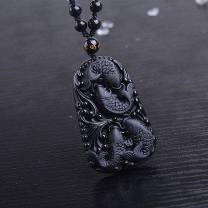 Mythstone Black Obsidian Koi Fish Engraved Strength Beaded Necklace Pendant