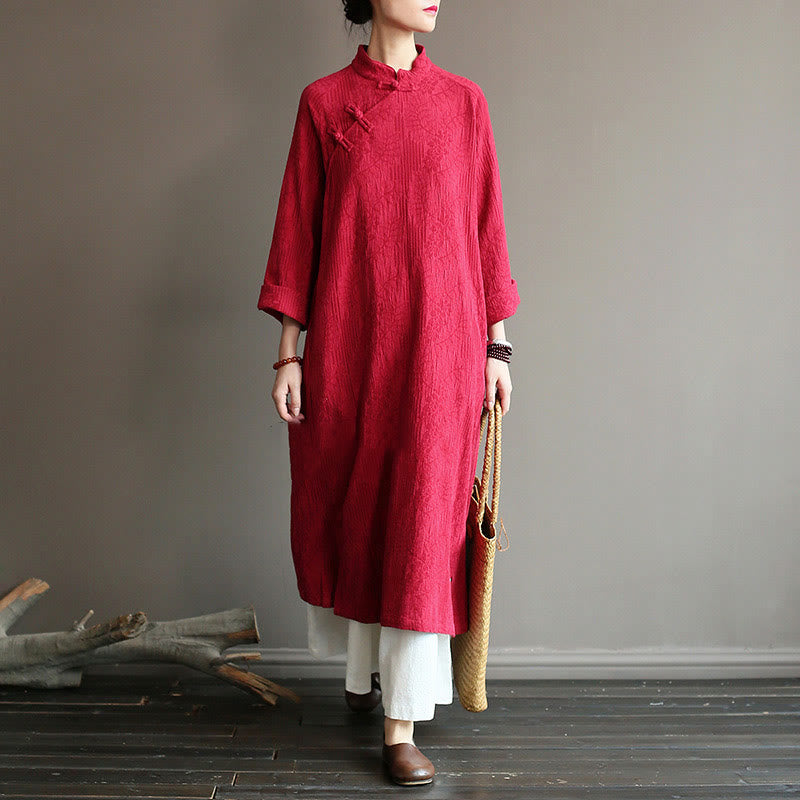 Mythstone Flower Jacquard Midi Dress Long Sleeve Cotton Linen Dress Wide Leg Pants With Pockets