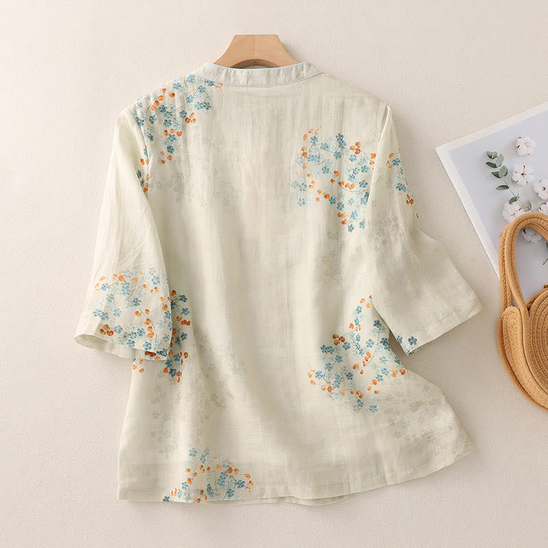 Mythstone Blue Flowers Orange Leaves Frog-Button Three Quarter Sleeve Cotton Linen Shirt