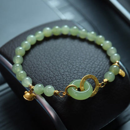 Mythstone 925 Sterling Silver Plated Gold Natural Hetian Jade Bead Gourd Lotus Bamboo Fu Character Luck Bracelet