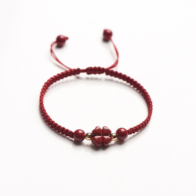 Mythstone Four Leaf Clover Five-petal Flower Cinnabar Blessing Red String Bracelet