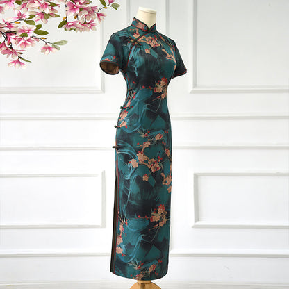 Mythstone Vintage Pink Flowers Print Cheongsam Dress Women's Qipao Dress