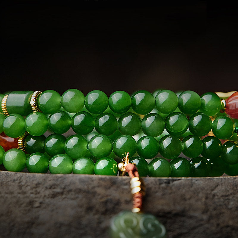 Mythstone 108 Mala Beads Cyan Jade Red Agate Laughing Buddha Luck Bracelet