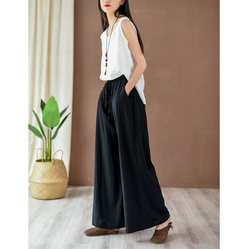 Mythstone Loose Cotton Linen Drawstring Wide Leg Pants With Pockets