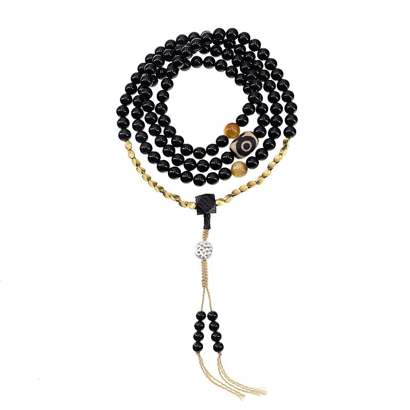 Mythstone Tibetan 108 Mala Beads Black Onyx Three-eyed Dzi Beads Protection Bracelet