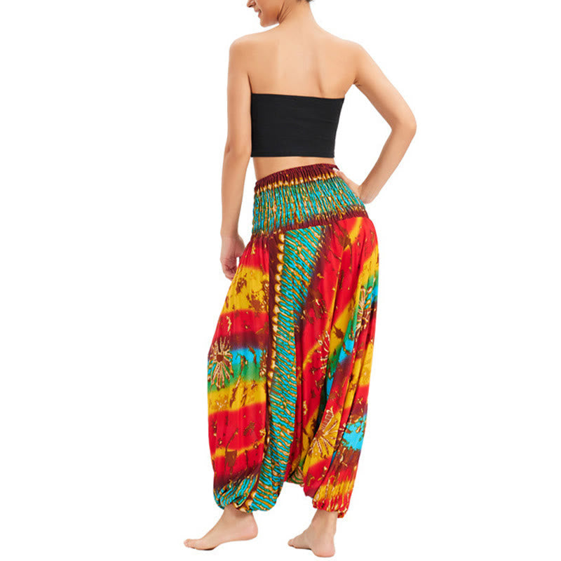 Mythstone Two Style Wear Gradient Colorful Loose Smocked Harem Trousers Jumpsuit High Waist Pants