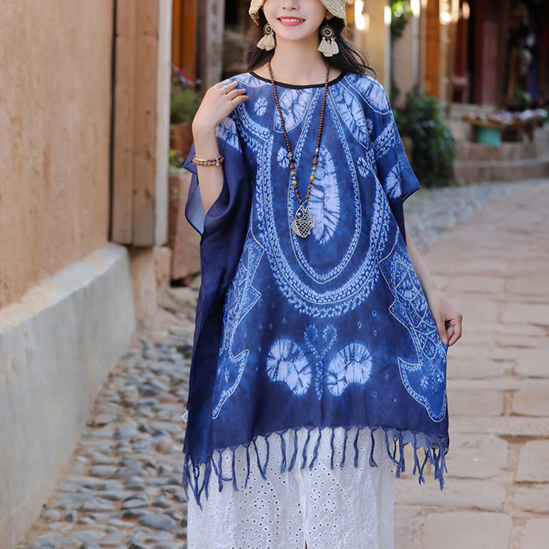 Mythstone Blue Geometry Batik Shawl Tassels Cozy Travel Pullover 90*95cm