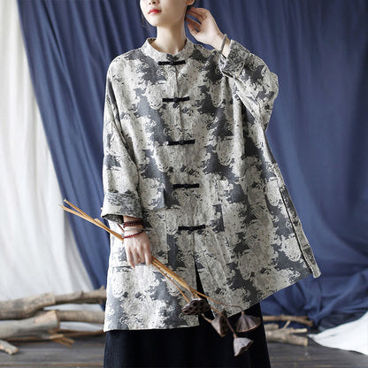 Mythstone Black Gray Beige Print Frog-button Design Long Sleeve Cotton Linen Jacket Shirt With Pockets