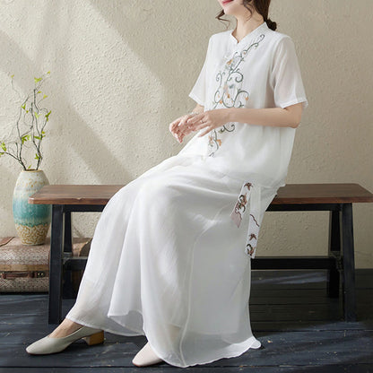 Mythstone 2Pcs Flower Embroidery Short Sleeve Tee T-shirt Wide Leg Pants Set