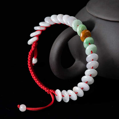 Pulsera tejida con hilo rojo de la suerte y jade redondo Mythstone