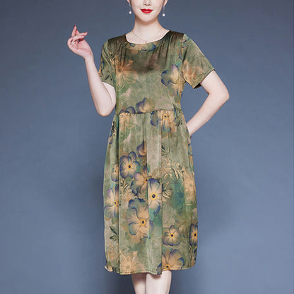 Mythstone Flowers Leaves Short Sleeve Midi Dress With Pockets