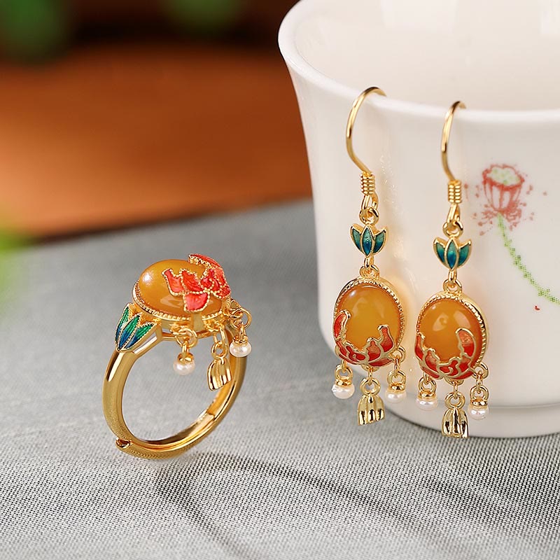 Mythstone 925 Sterling Silver Plated Gold Natural Amber Flower Pearl Confidence Ring Earrings Set