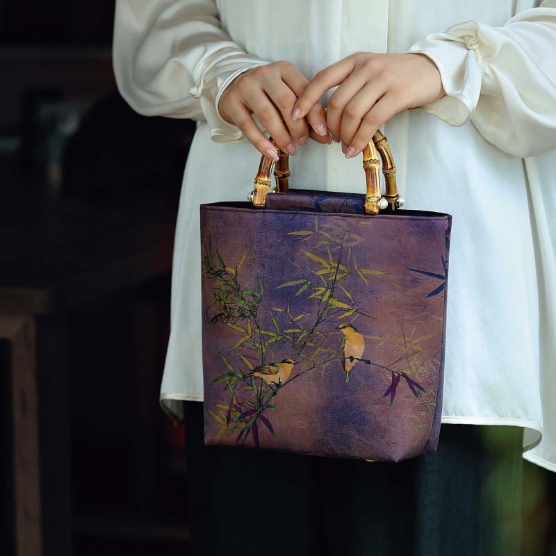 Mythstone Purple Magpie Birds Branches Bamboo Handles Handbag