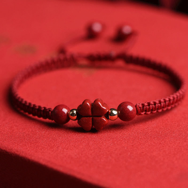 Mythstone Four Leaf Clover Five-petal Flower Cinnabar Blessing Red String Bracelet