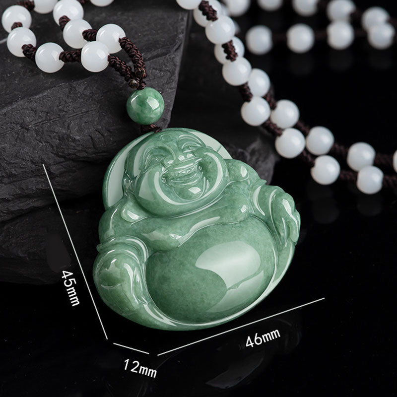 Mythstone Laughing Buddha Cyan Jade Harmony Necklace String Bead Pendant