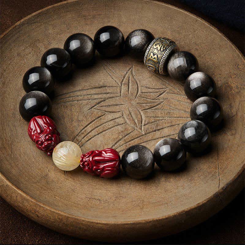 Mythstone Gold Sheen Obsidian PiXiu Cinnabar Om Mani Padme Hum Protection Bracelet